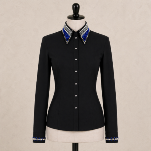 Women’s Western Show Shirt Black Equestrian Riding Shirt with Crystal Collar & Cuff Design