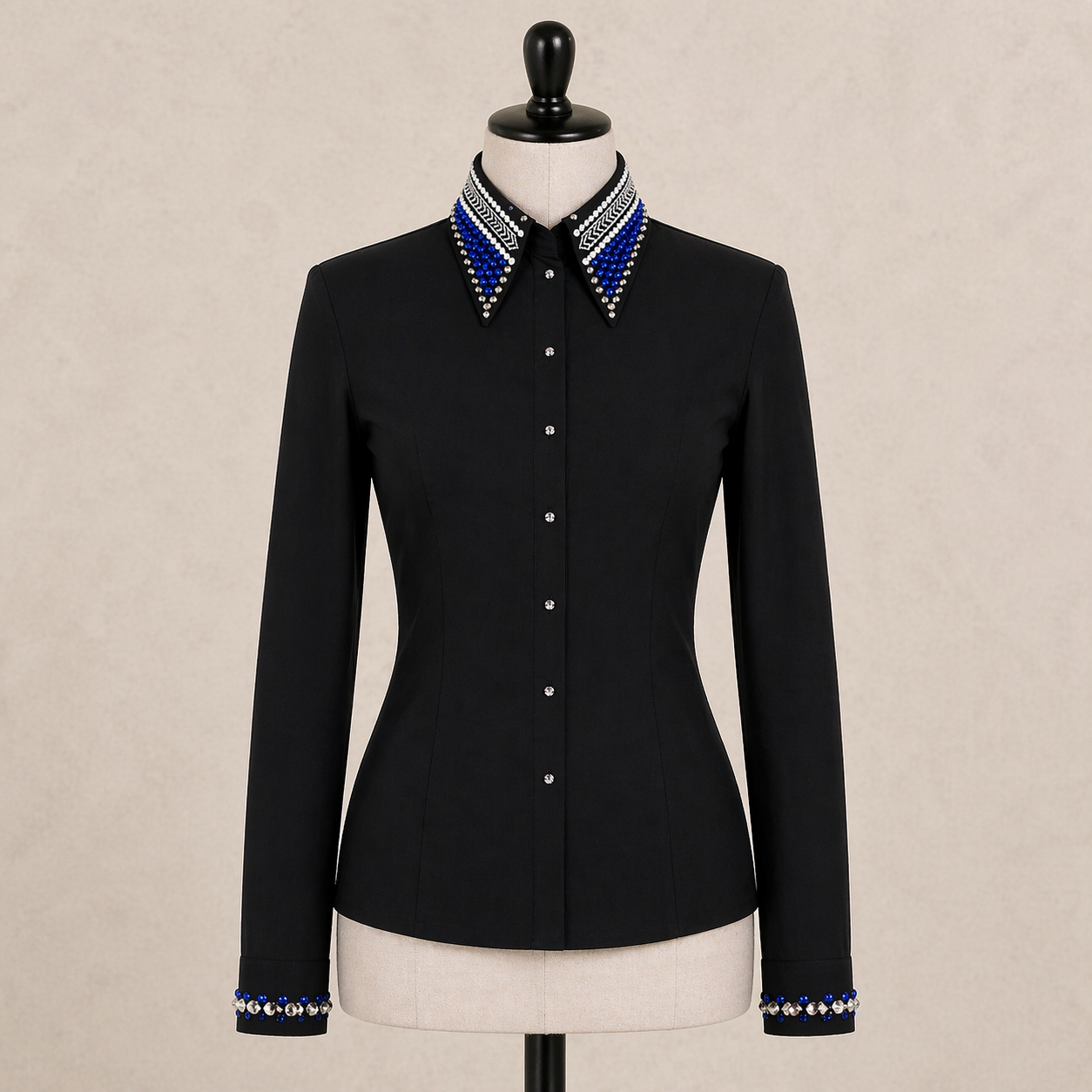 Women’s Western Show Shirt Black Equestrian Riding Shirt with Crystal Collar & Cuff Design - Image 2