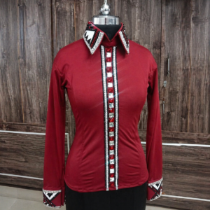 Women’s Western Show Shirt Red Equestrian Riding Coat with Crystal Front Strip & Embellished Collar