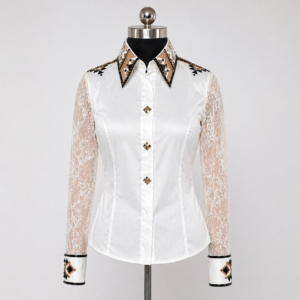 Women’s Western Show Shirt White Equestrian Riding Coat with Embellished Collar & Sheer Lace Sleeves