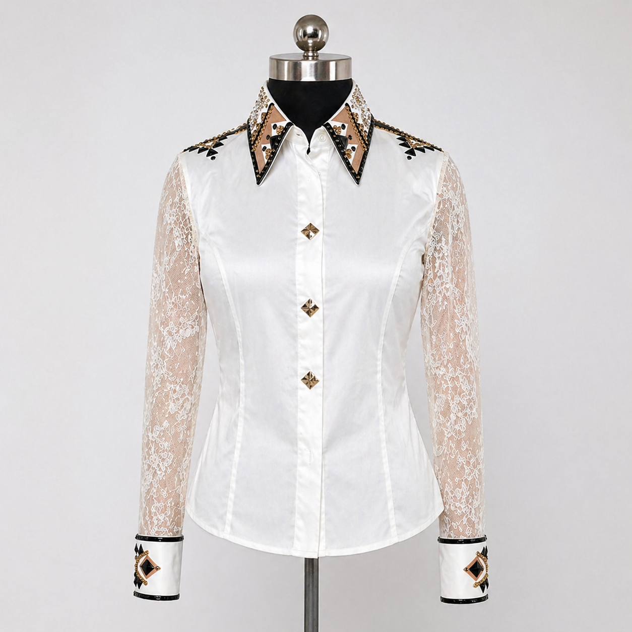 Women’s Western Show Shirt White Equestrian Riding Coat with Embellished Collar & Sheer Lace Sleeves - Image 2