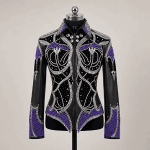 Western Women’s Showmanship Jacket – Black & Silver Rhinestone Show Jacket with Purple Pearl Embellishment , Premium Rodeo