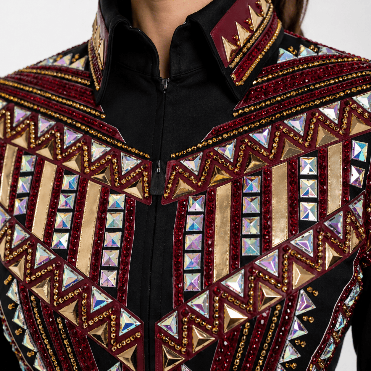 Western Women’s Showmanship Bolero Black & Maroon Crystal Embellished Show Shirt for Rodeo, Equestrian Competition - Image 4