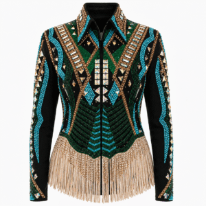Women’s Western Showmanship Jacket Black Fringe Equestrian Coat with Crystal Embellished Design