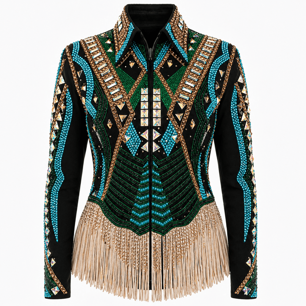 Women’s Western Showmanship Jacket Black Fringe Equestrian Coat with Crystal Embellished Design - Image 2