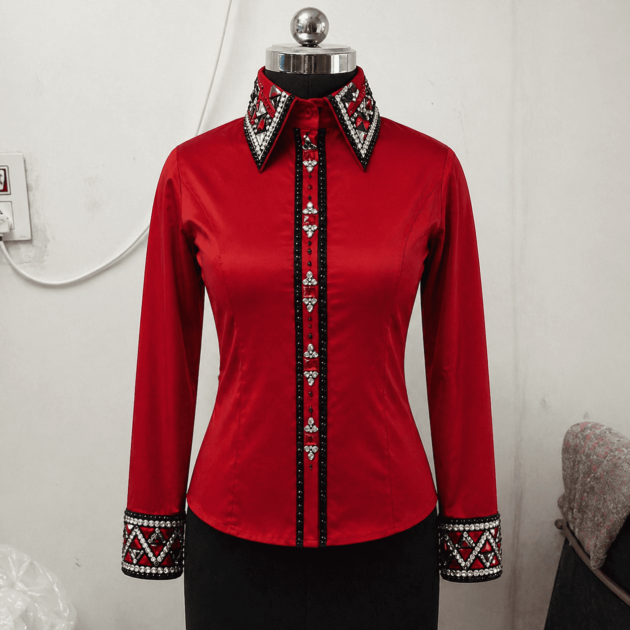 Women’s Western Show Shirt Red Equestrian Riding Shirt with Crystal Collar & Center Strip Design - Image 3