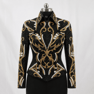 Women’s Western Showmanship Jacket Black Luxury Crystal Equestrian Riding Coat with Gold Baroque Design
