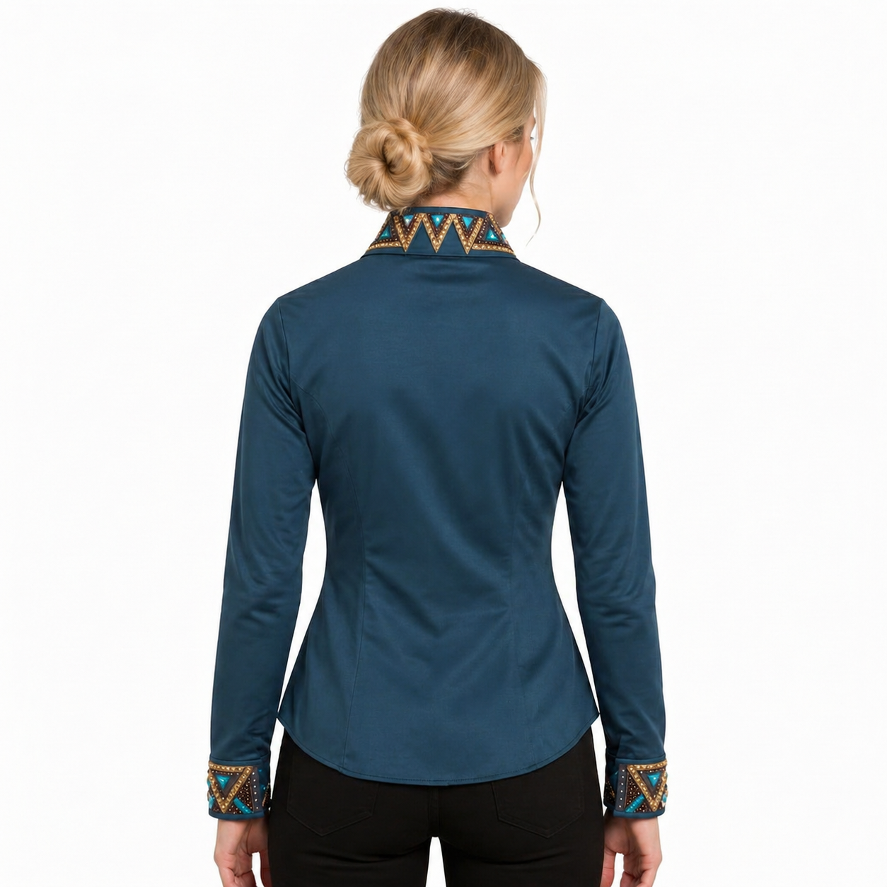 Women’s Western Show Shirt Teal Equestrian Riding Coat with Crystal Shoulder Design & Structured Fit - Image 3