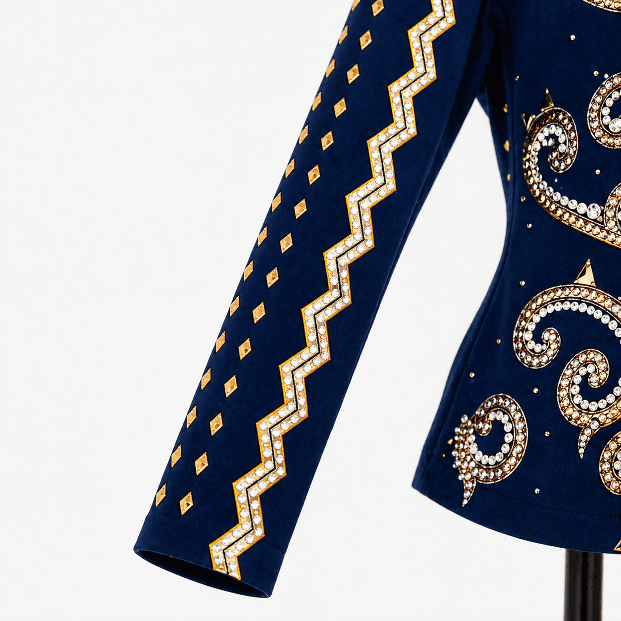 Women’s Western Show Jacket Blue Equestrian Riding Coat with Paisley Crystal & Zigzag Design - Image 4