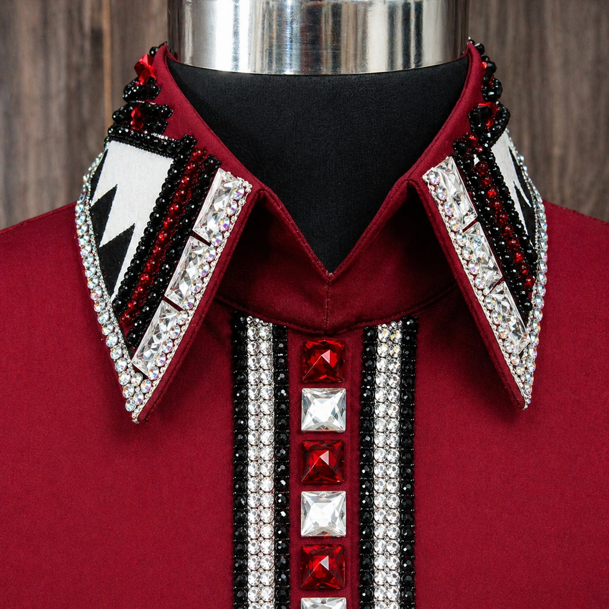 Women’s Western Show Shirt Red Equestrian Riding Coat with Crystal Front Strip & Embellished Collar - Image 4