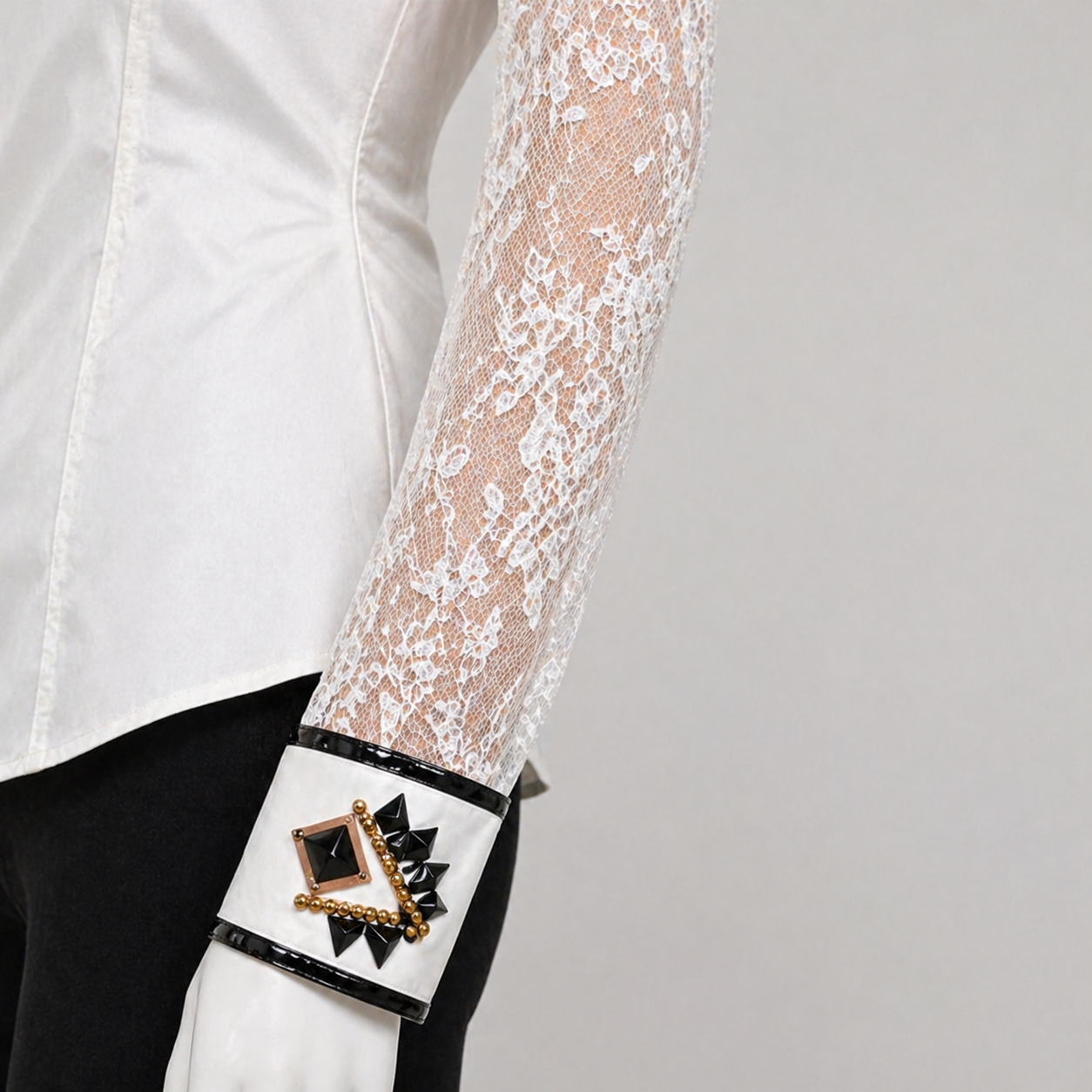 Women’s Western Show Shirt White Equestrian Riding Coat with Embellished Collar & Sheer Lace Sleeves - Image 5