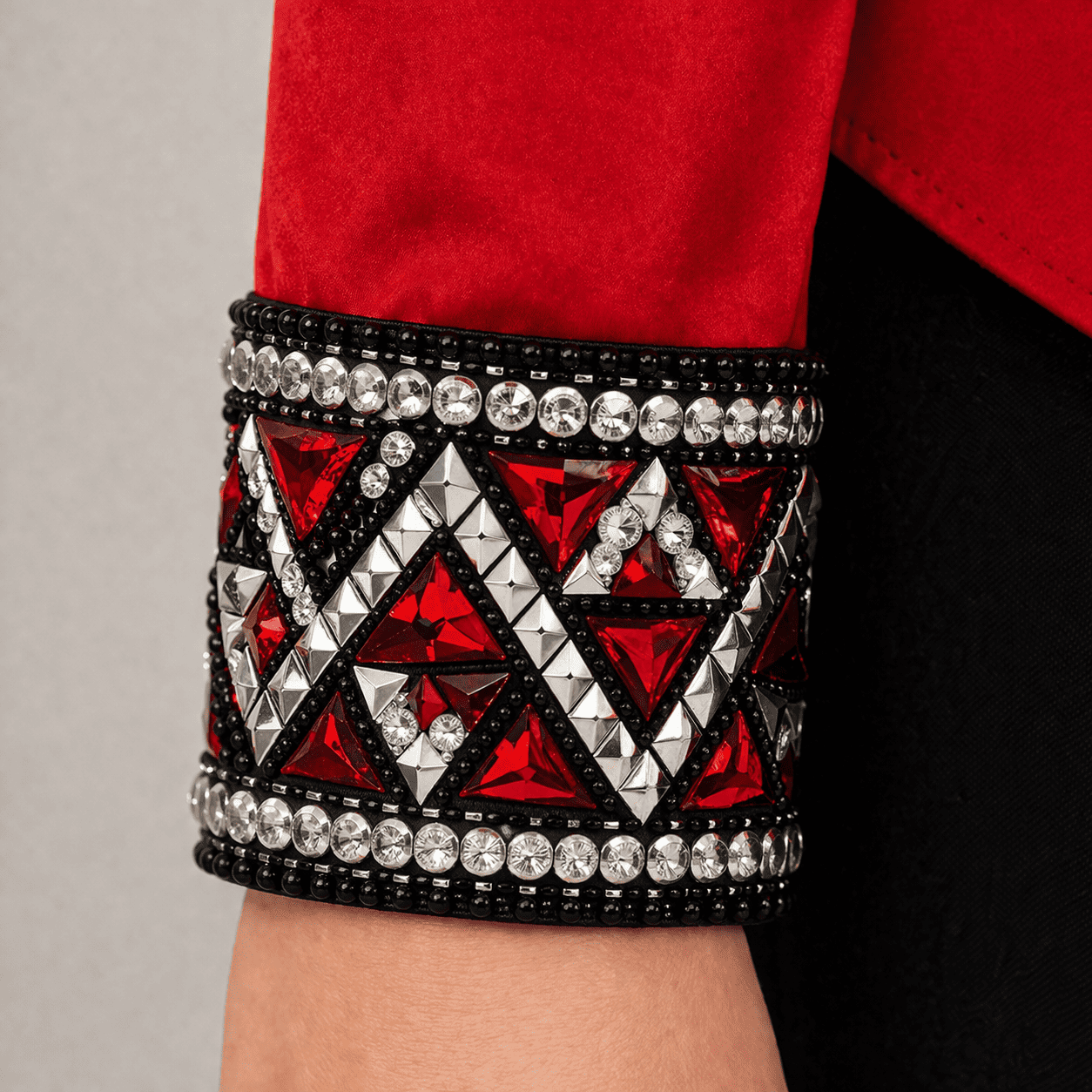 Women’s Western Show Shirt Red Equestrian Riding Shirt with Crystal Collar & Center Strip Design - Image 5