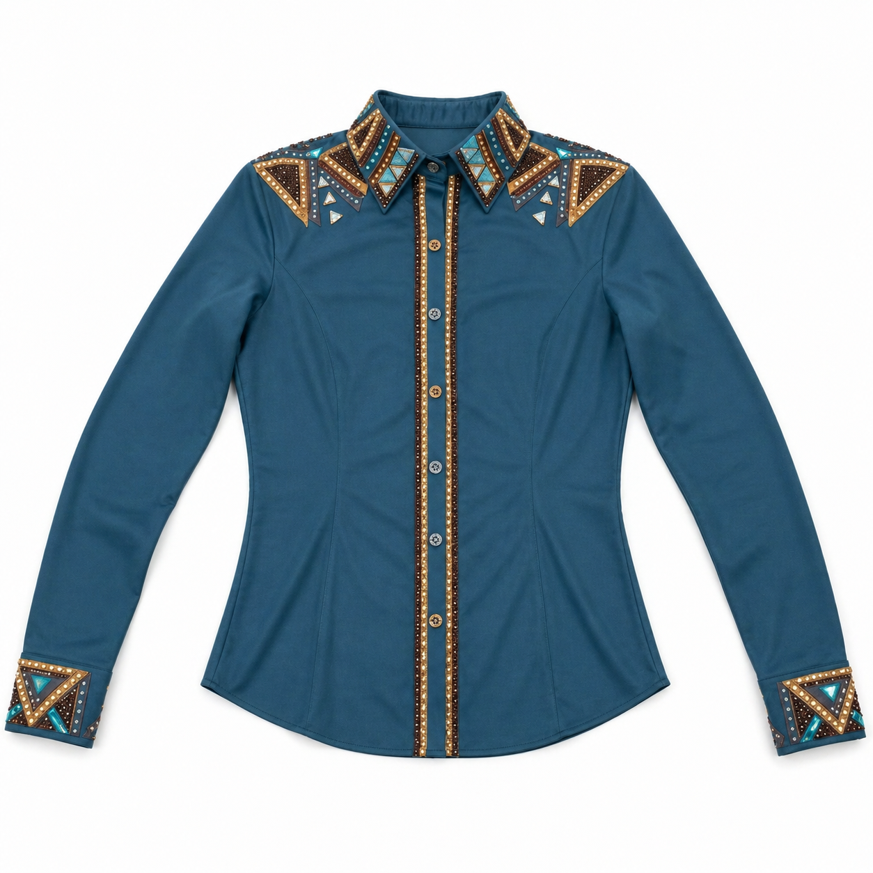 Women’s Western Show Shirt Teal Equestrian Riding Coat with Crystal Shoulder Design & Structured Fit - Image 4