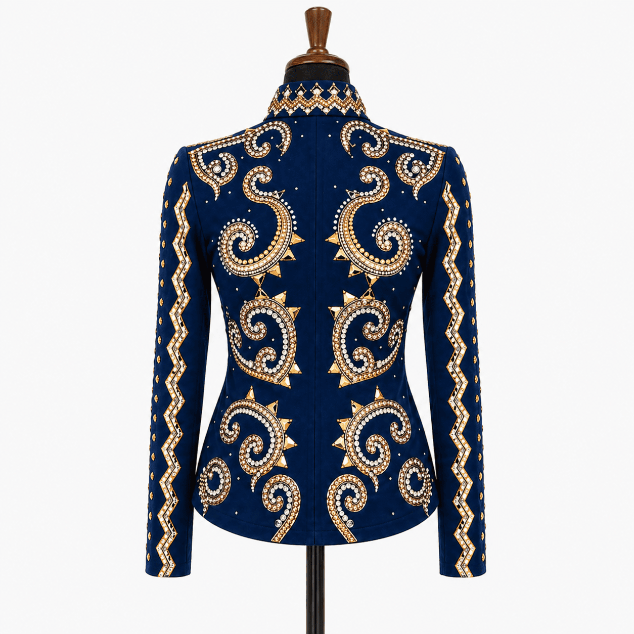 Women’s Western Show Jacket Blue Equestrian Riding Coat with Paisley Crystal & Zigzag Design - Image 3