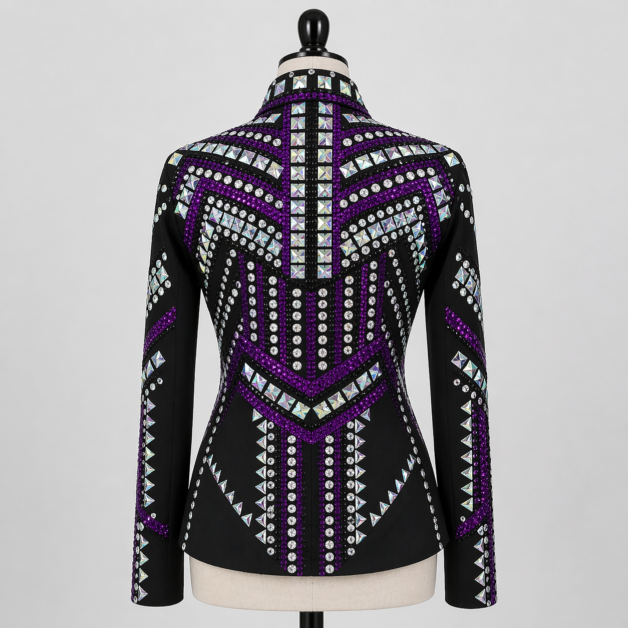 Women’s Western Show Jacket Black Purple Equestrian Riding Coat with Crystal Geometric Design - Image 3