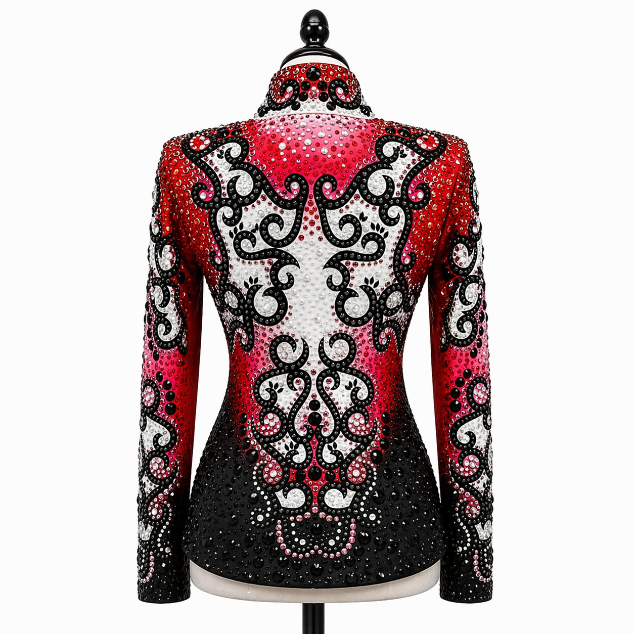 Women’s Western Show Jacket Red Black Equestrian Riding Coat with Baroque Crystal Design - Image 3