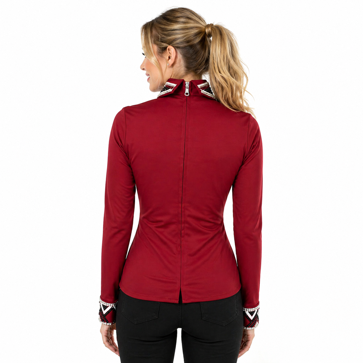 Women’s Western Show Shirt Red Equestrian Riding Coat with Crystal Front Strip & Embellished Collar - Image 3