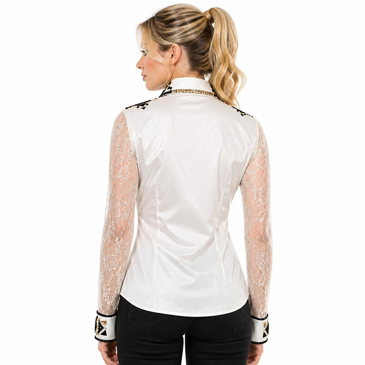 Women’s Western Show Shirt White Equestrian Riding Coat with Embellished Collar & Sheer Lace Sleeves - Image 3