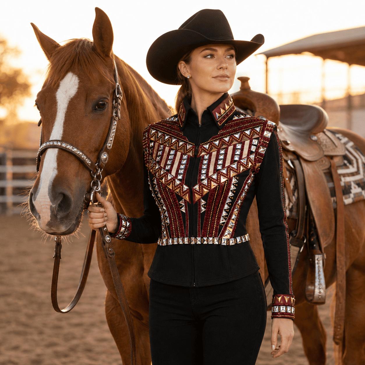 Western Women’s Showmanship Bolero Black & Maroon Crystal Embellished Show Shirt for Rodeo, Equestrian Competition - Image 6
