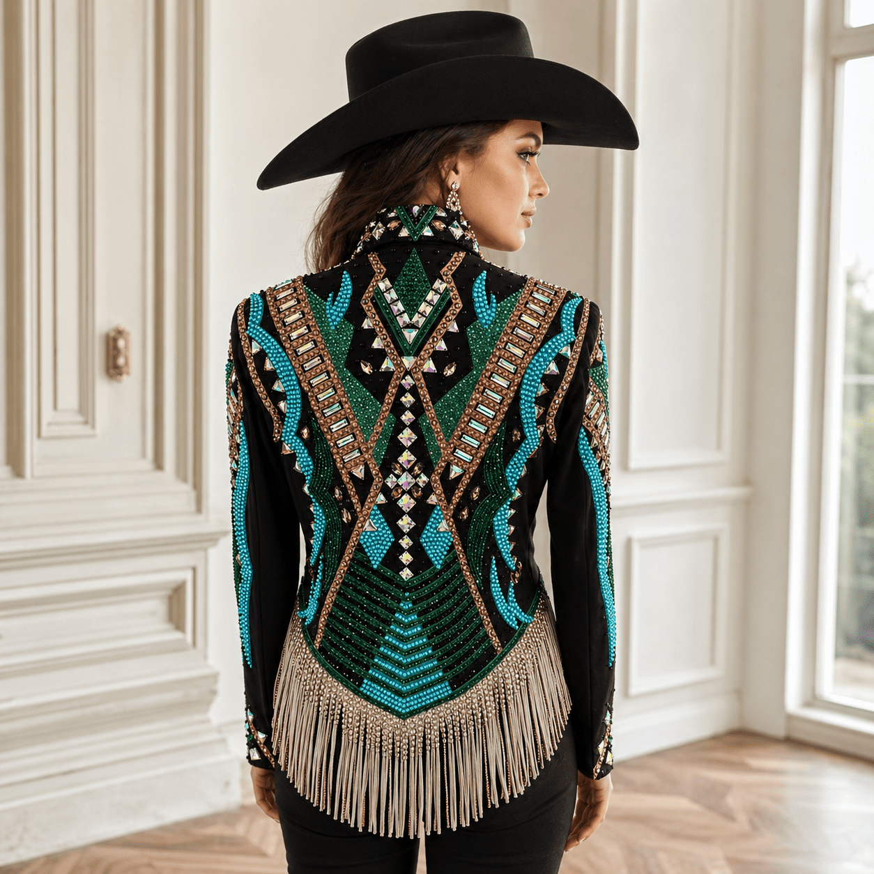Women’s Western Showmanship Jacket Black Fringe Equestrian Coat with Crystal Embellished Design - Image 3