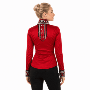 Women’s Western Show Shirt Red Equestrian Riding Shirt with Crystal Collar & Center Strip Design