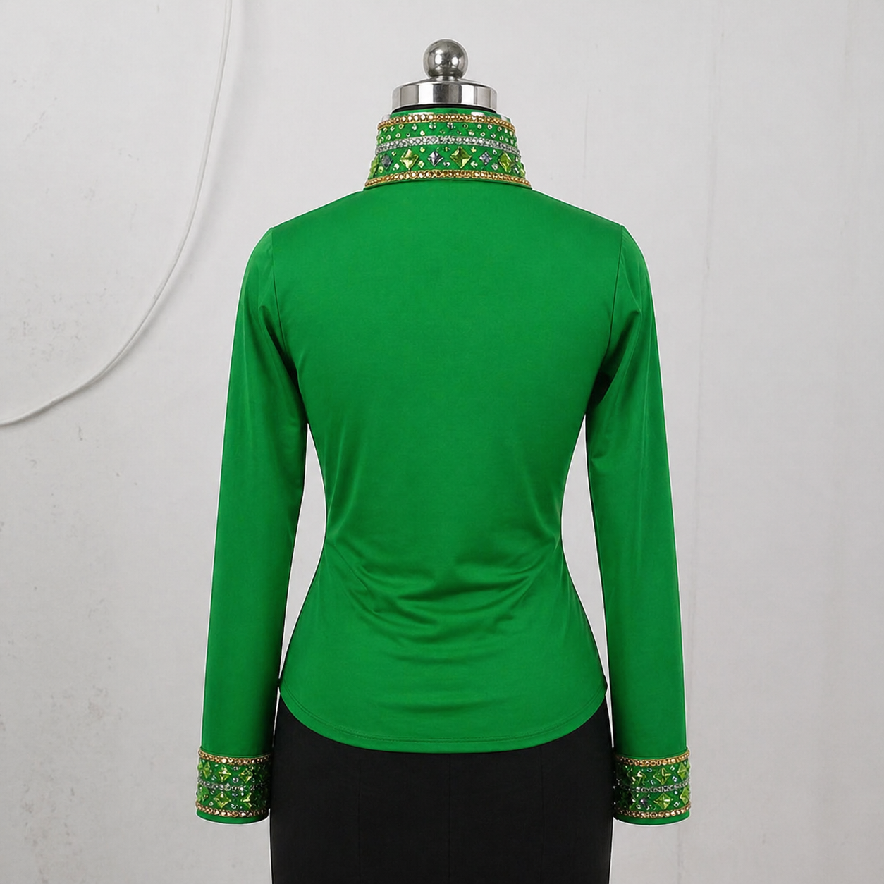 Women’s Western Showmanship Shirt Green Minimal Equestrian Coat with Crystal Embellished Collar - Image 5