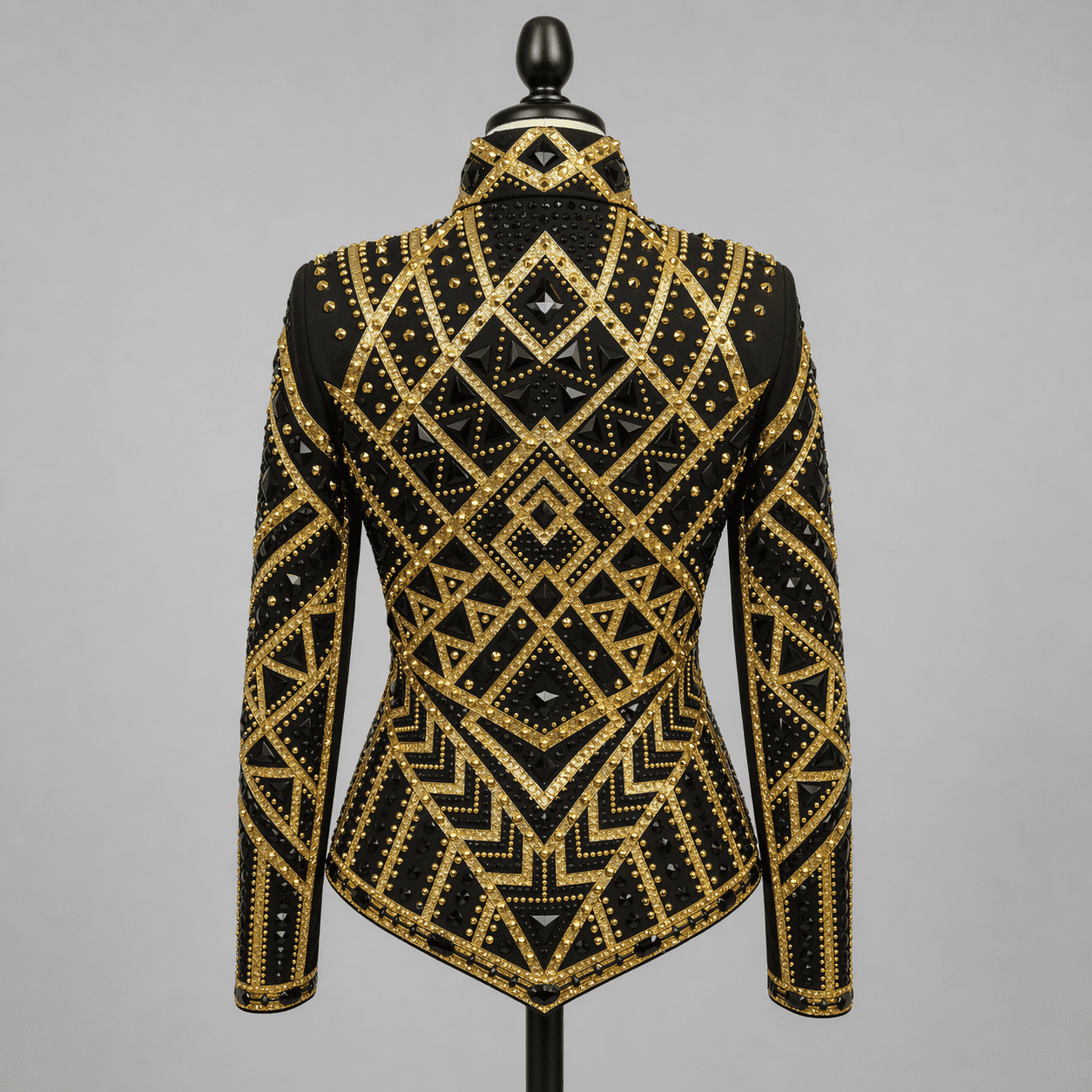 Women’s Western Show Jacket Black & Gold Equestrian Riding Coat with Geometric Crystal Design - Image 3