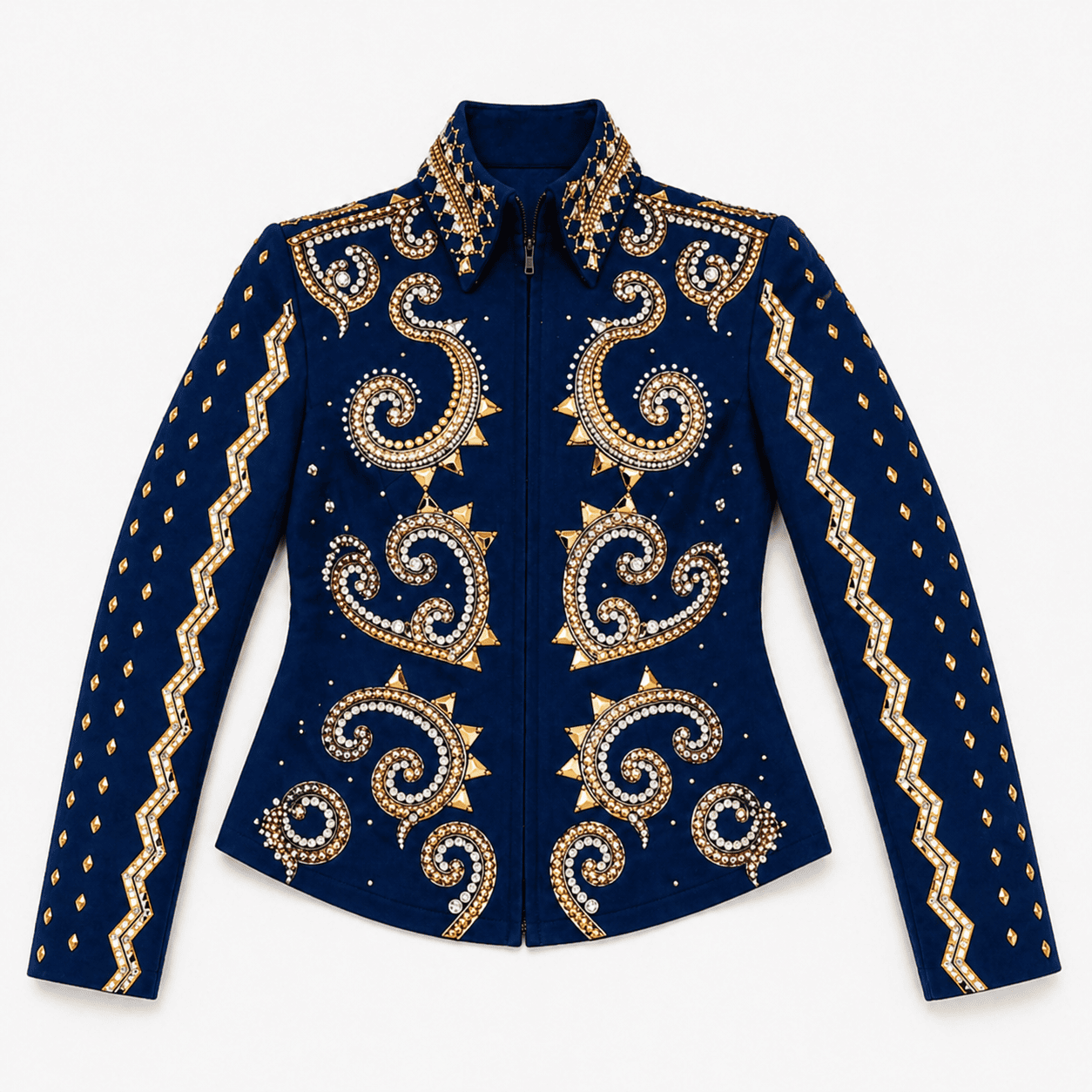 Women’s Western Show Jacket Blue Equestrian Riding Coat with Paisley Crystal & Zigzag Design - Image 6