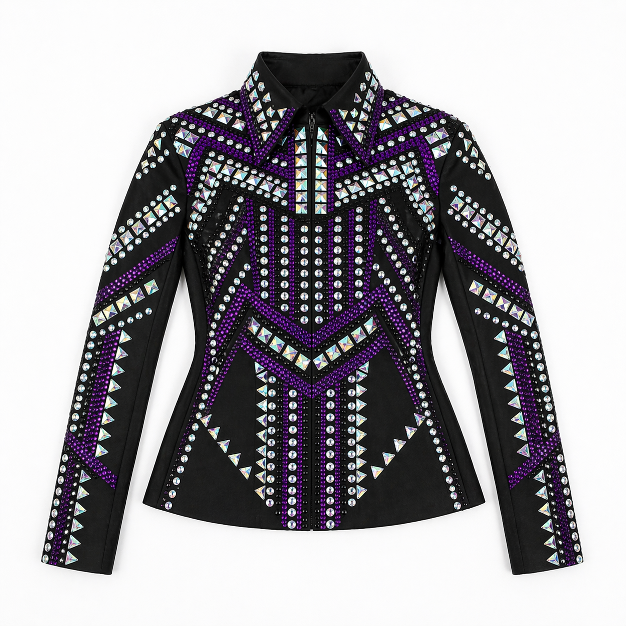 Women’s Western Show Jacket Black Purple Equestrian Riding Coat with Crystal Geometric Design - Image 6