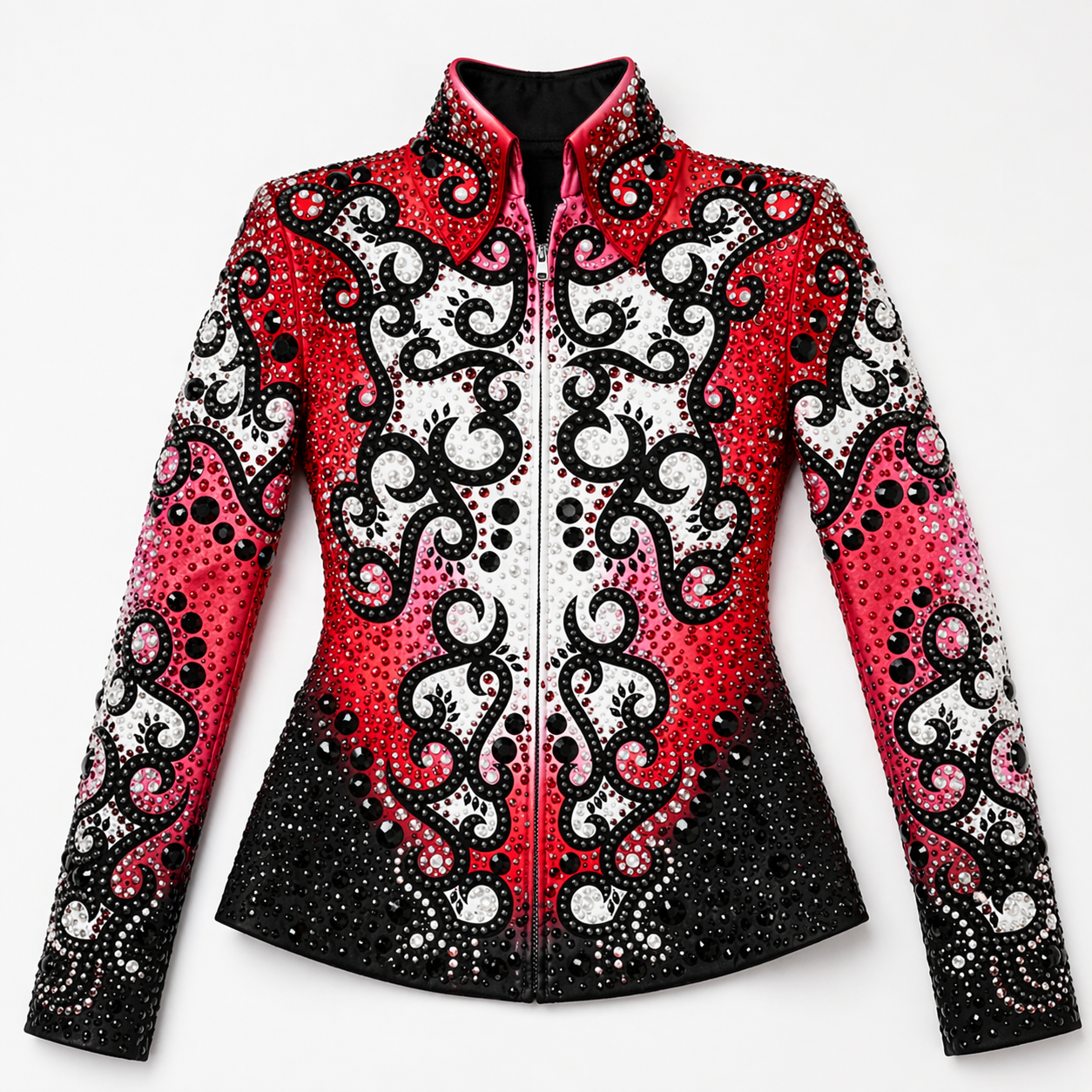 Women’s Western Show Jacket Red Black Equestrian Riding Coat with Baroque Crystal Design - Image 6