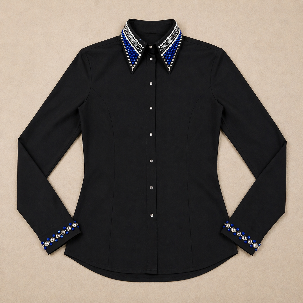 Women’s Western Show Shirt Black Equestrian Riding Shirt with Crystal Collar & Cuff Design - Image 6