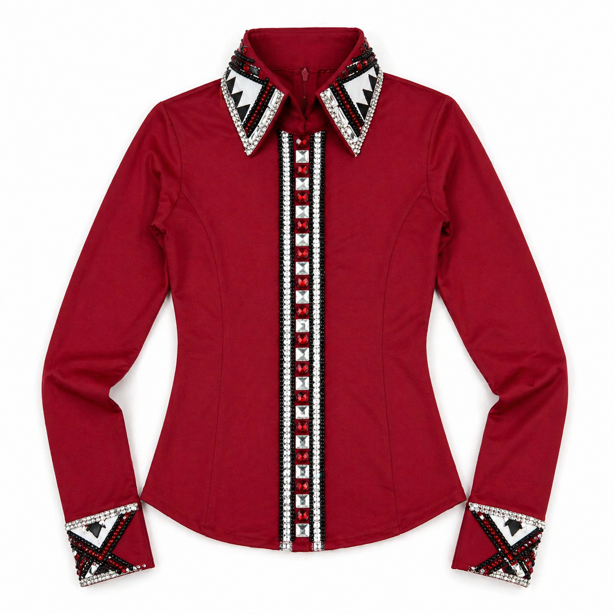 Women’s Western Show Shirt Red Equestrian Riding Coat with Crystal Front Strip & Embellished Collar - Image 6