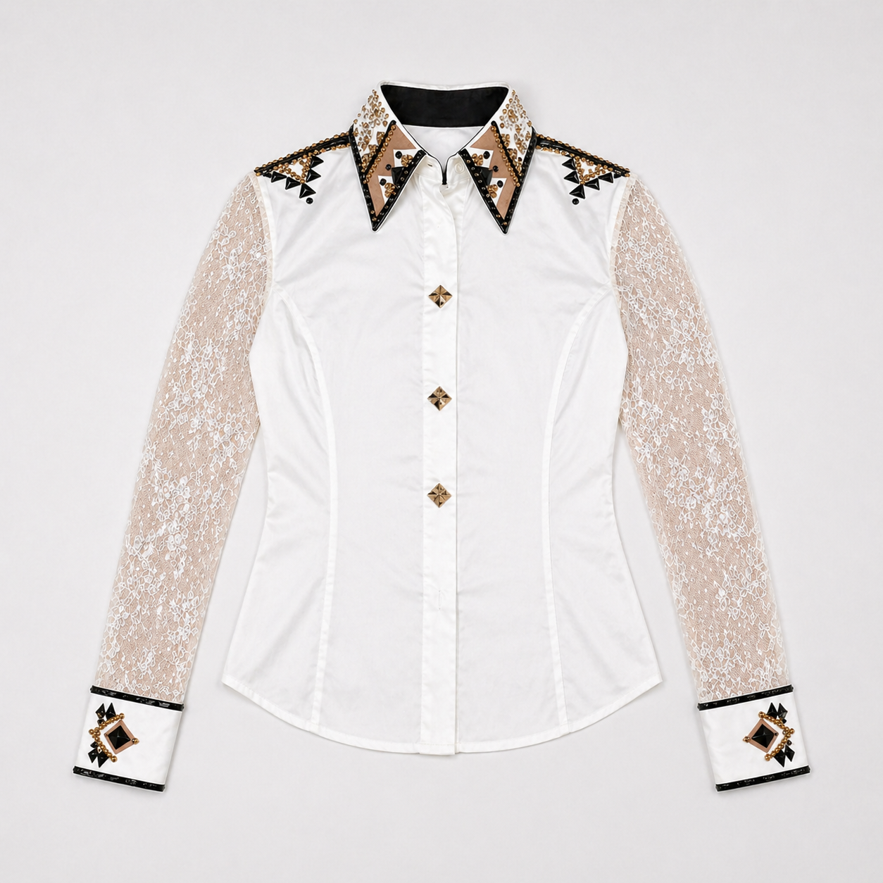 Women’s Western Show Shirt White Equestrian Riding Coat with Embellished Collar & Sheer Lace Sleeves - Image 6