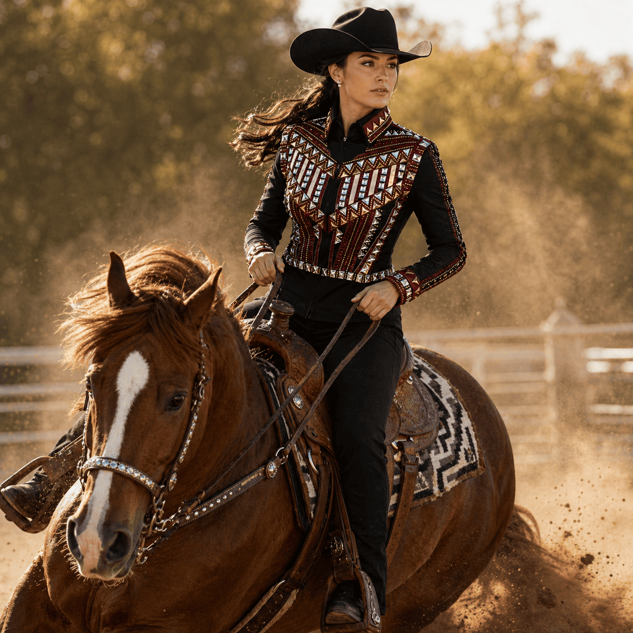 Western Women’s Showmanship Bolero Black & Maroon Crystal Embellished Show Shirt for Rodeo, Equestrian Competition - Image 7