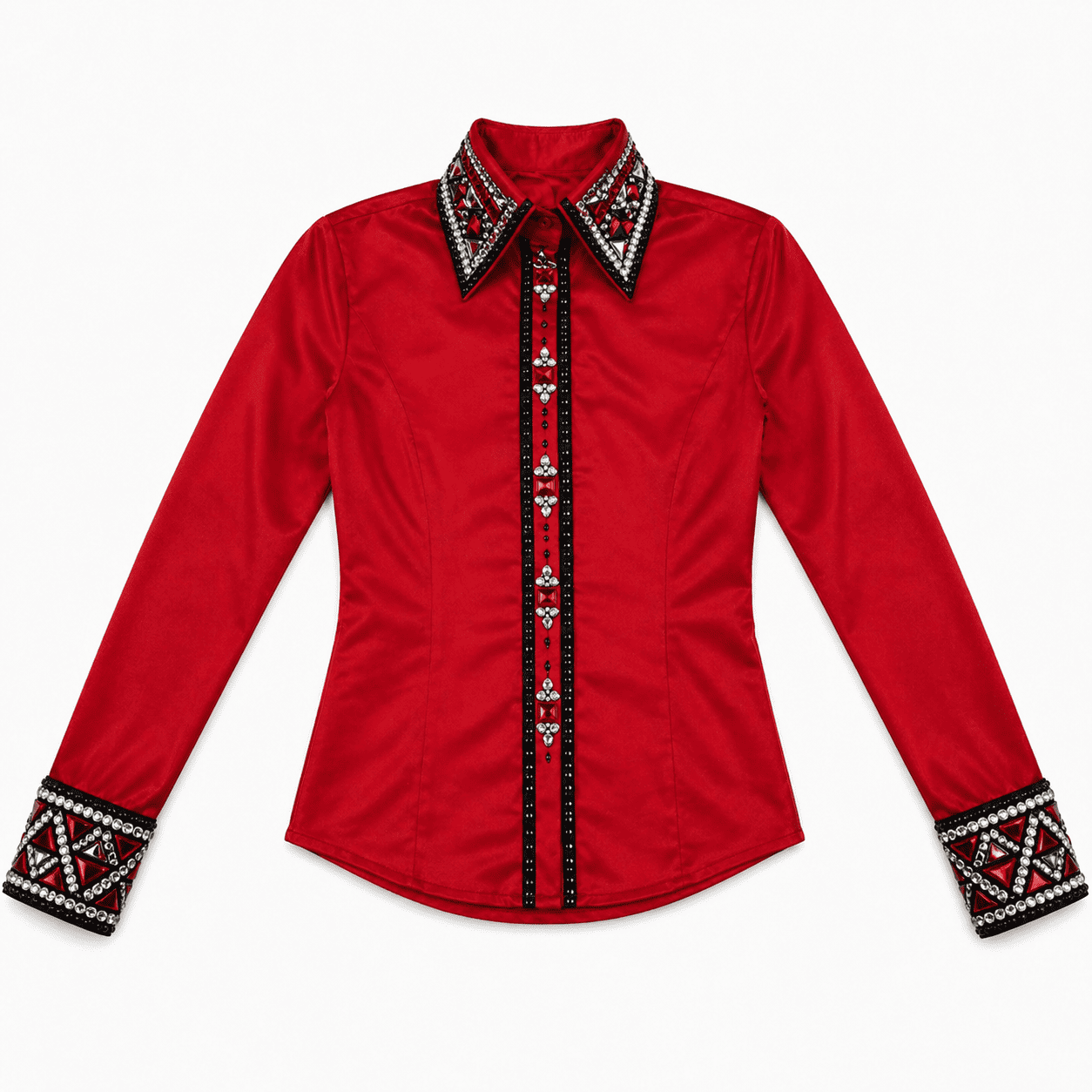 Women’s Western Show Shirt Red Equestrian Riding Shirt with Crystal Collar & Center Strip Design - Image 6