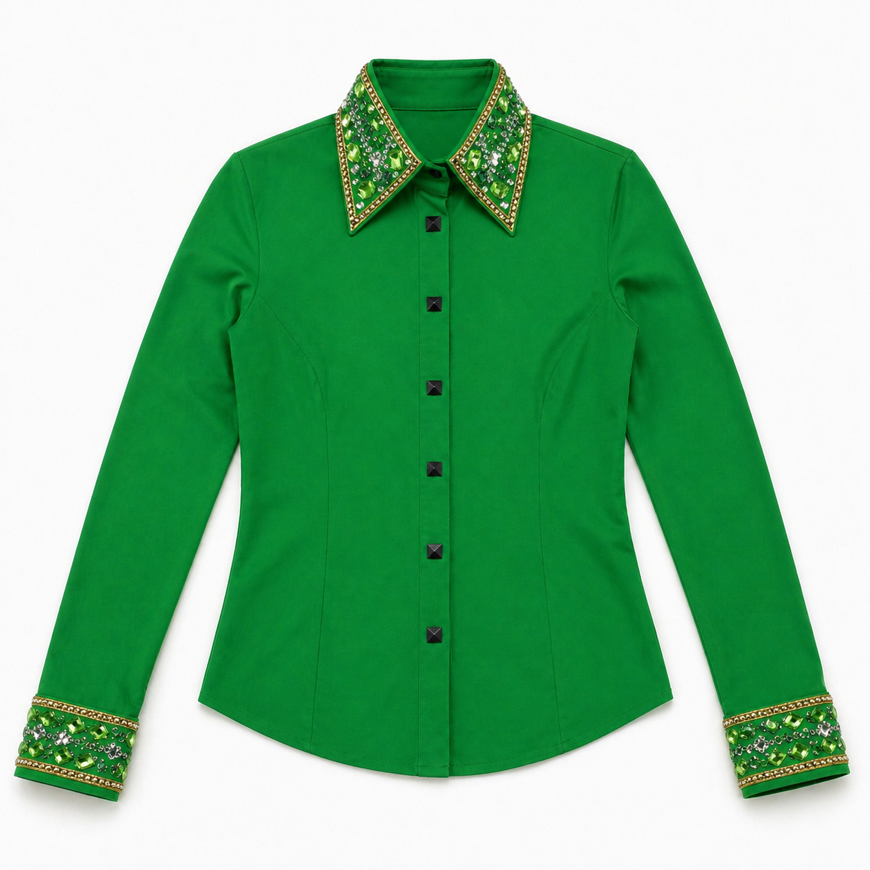 Women’s Western Showmanship Shirt Green Minimal Equestrian Coat with Crystal Embellished Collar - Image 6