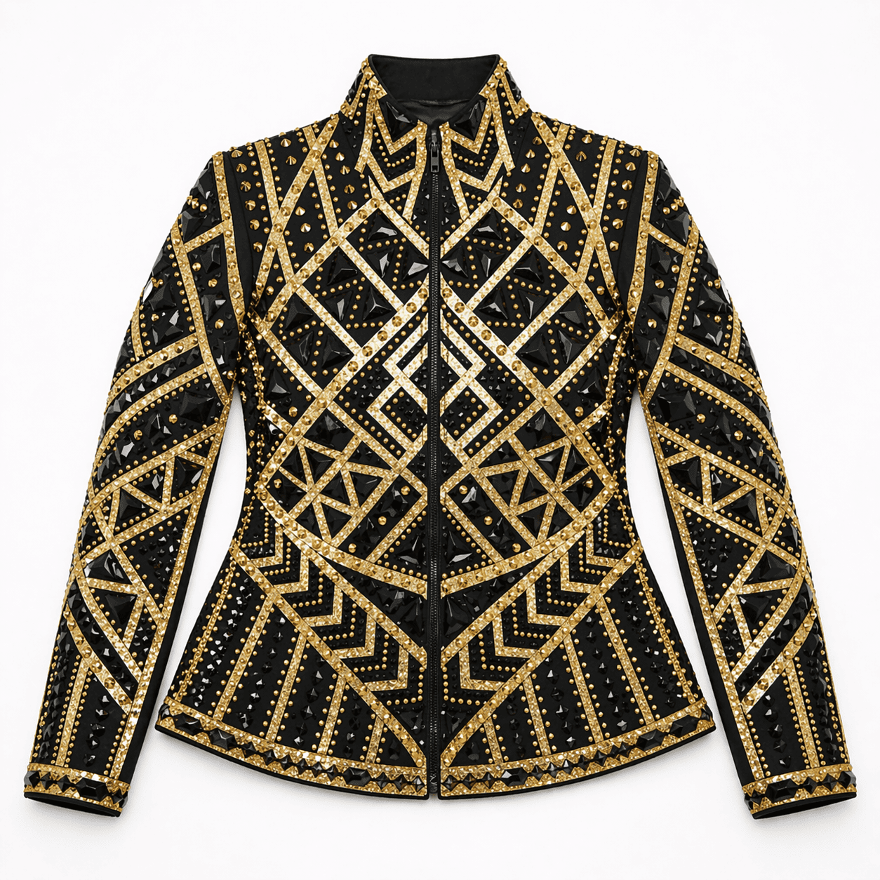 Women’s Western Show Jacket Black & Gold Equestrian Riding Coat with Geometric Crystal Design - Image 4