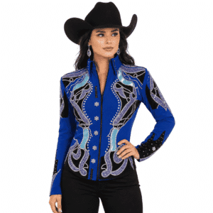 Western Women’s Showmanship Jacket Royal Blue & Black Rhinestone Embellished Show Jacket with Purple Crystal Design
