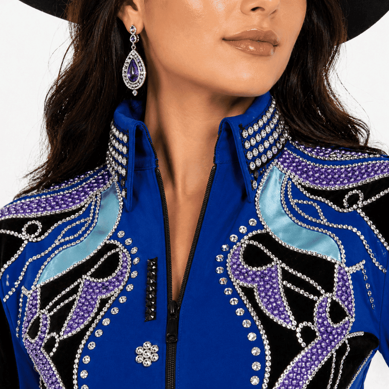 Western Women’s Showmanship Jacket Royal Blue & Black Rhinestone Embellished Show Jacket with Purple Crystal Design - Image 4