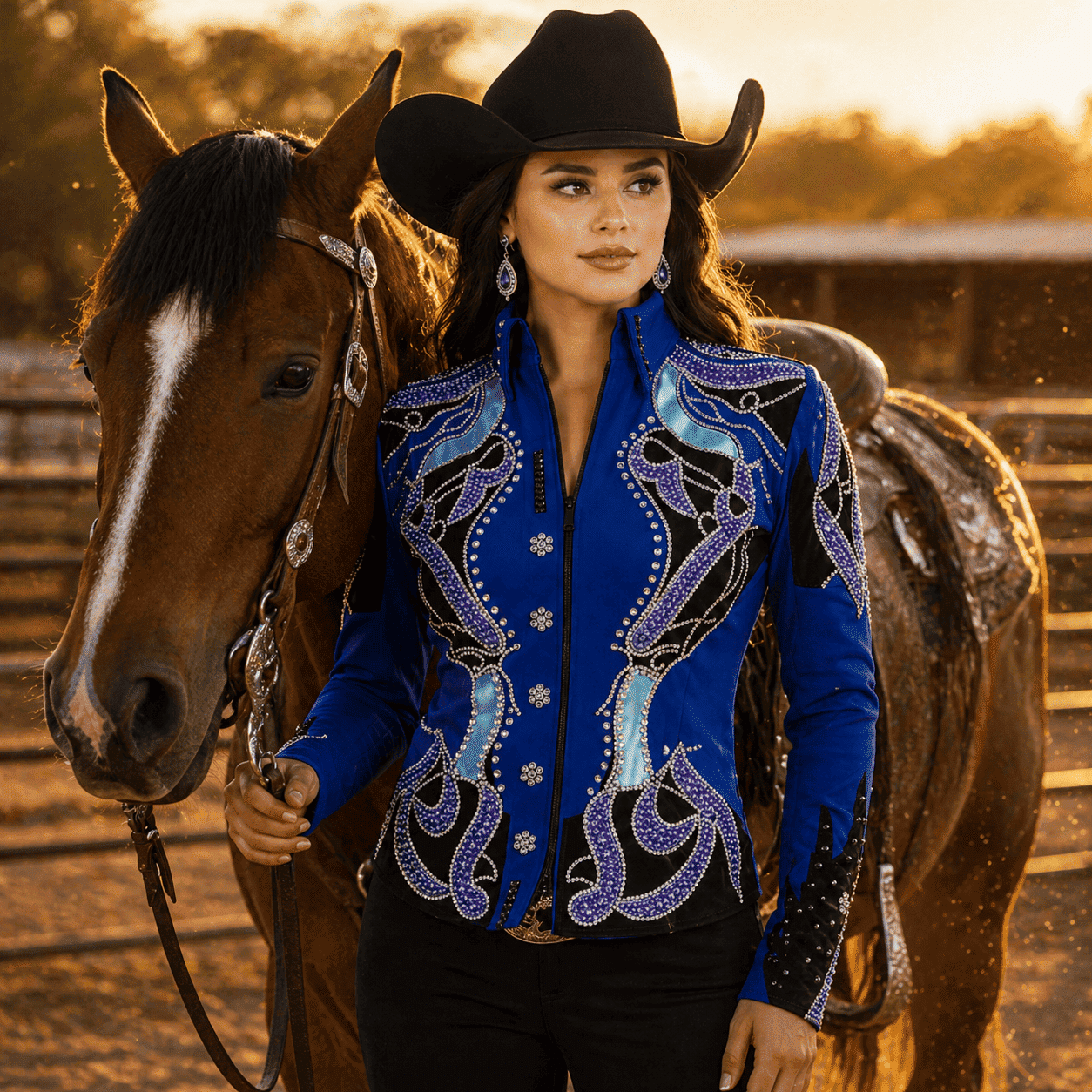Western Women’s Showmanship Jacket Royal Blue & Black Rhinestone Embellished Show Jacket with Purple Crystal Design - Image 7