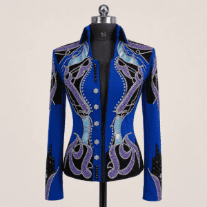Western Women’s Showmanship Jacket Royal Blue & Black Rhinestone Embellished Show Jacket with Purple Crystal Design