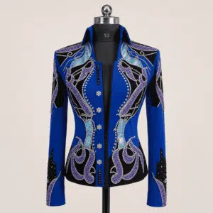 Western Women’s Showmanship Jacket Royal Blue & Black Rhinestone Embellished Show Jacket with Purple Crystal Design