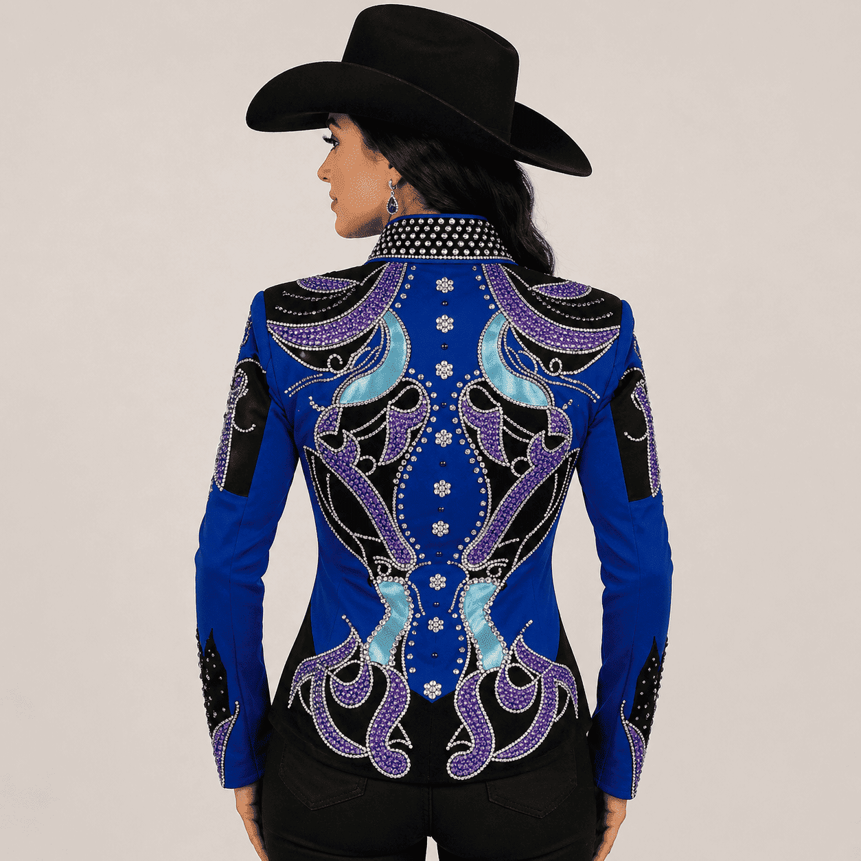 Western Women’s Showmanship Jacket Royal Blue & Black Rhinestone Embellished Show Jacket with Purple Crystal Design - Image 3