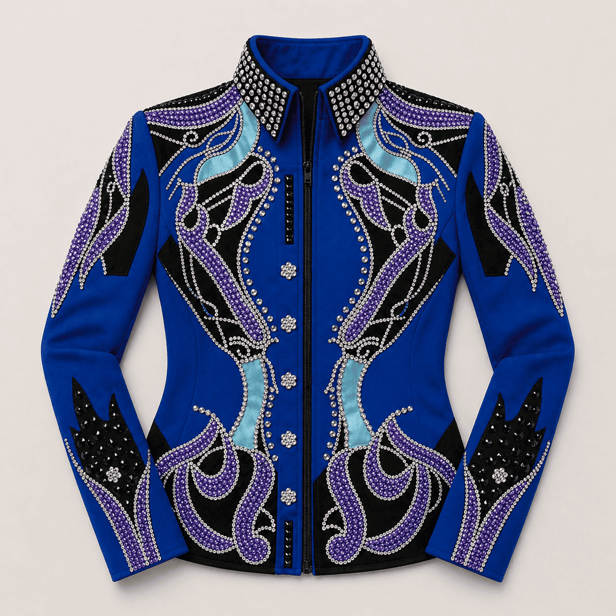 Western Women’s Showmanship Jacket Royal Blue & Black Rhinestone Embellished Show Jacket with Purple Crystal Design - Image 6