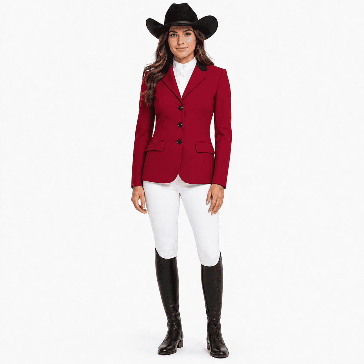 Women’s Showmanship Hunt Coat Red Equestrian Riding Coat with Contrast Collar & Tailored Fit