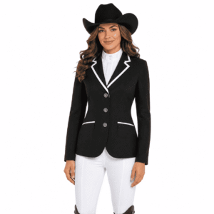 Women’s Showmanship Hunt Coat Black Equestrian Coat with White Contrast Piping & Tailored Fit