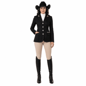 Women’s Showmanship Hunt Coat Black Equestrian Riding Jacket with Contrast Trim, Competition Blazer