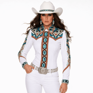Women's White Turquoise Crystal Showmanship Shirt Western Rodeo Horse Show Competition Shirt Women