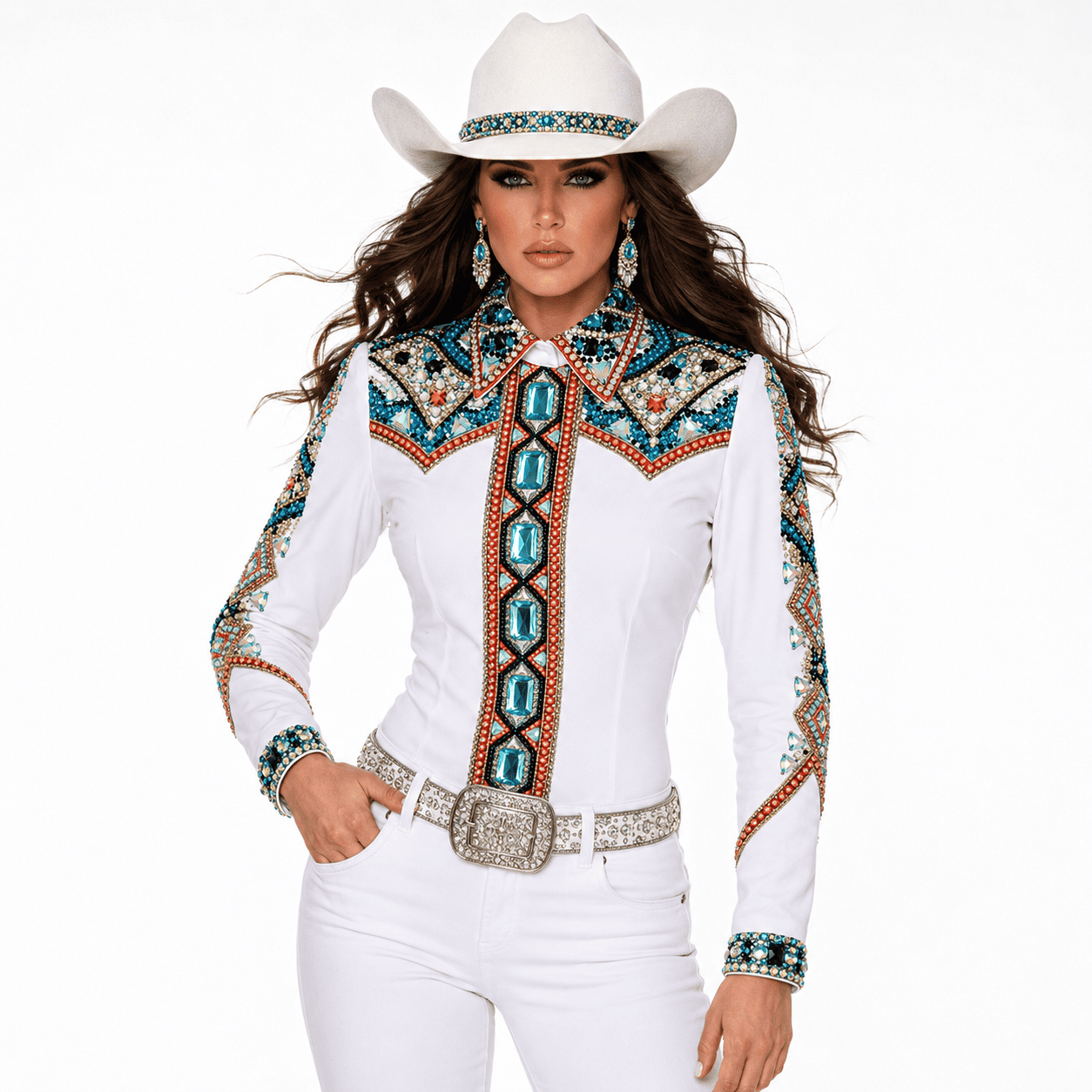 Women's White Turquoise Crystal Showmanship Shirt Western Rodeo Horse Show Competition Shirt Women