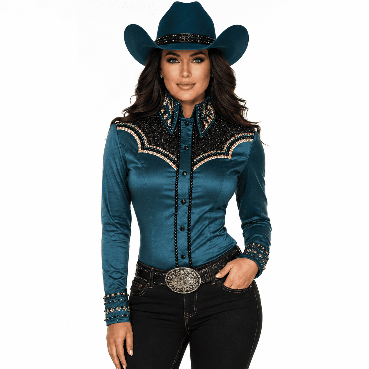 Women's Teal Black Crystal Showmanship Shirt Western Rodeo Horse Show Competition Shirt Women